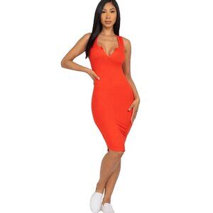 NEW Capella Small Red / Orange Pencil Dress Split Neck Stretch Bodycon Clubbing